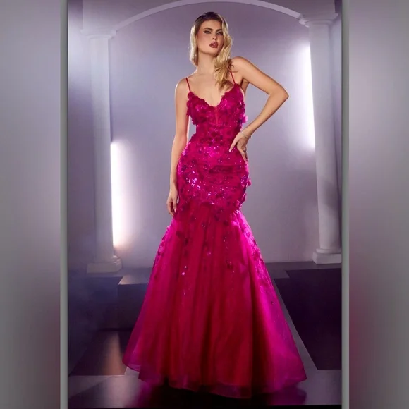 burgundy bridesmaid dresses off the shoulder ASHLEYlauren 12015 One-Shoulder Satin Gown with Floral Detail